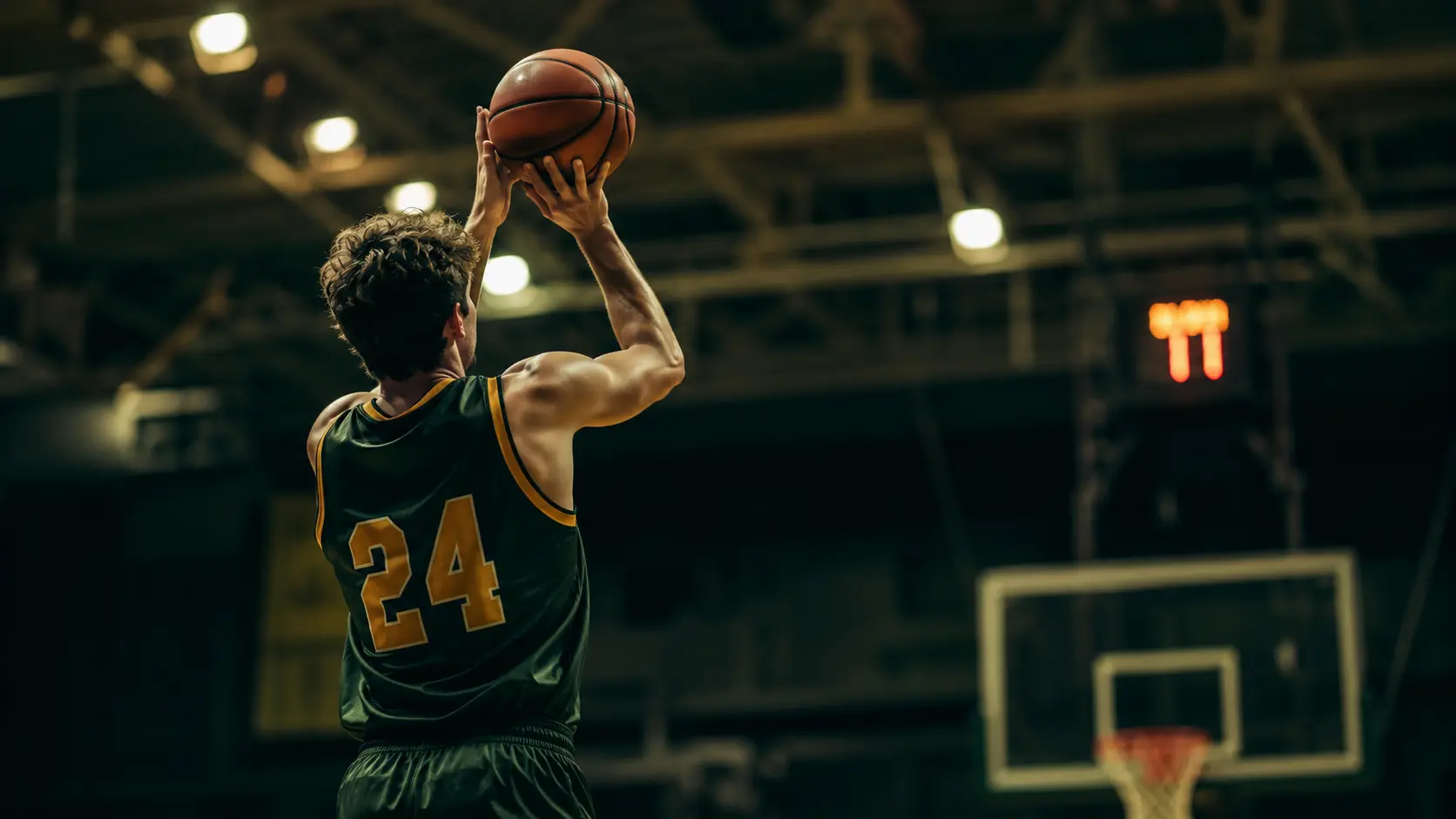 College basketball player mid jump-shot in a gymnasium