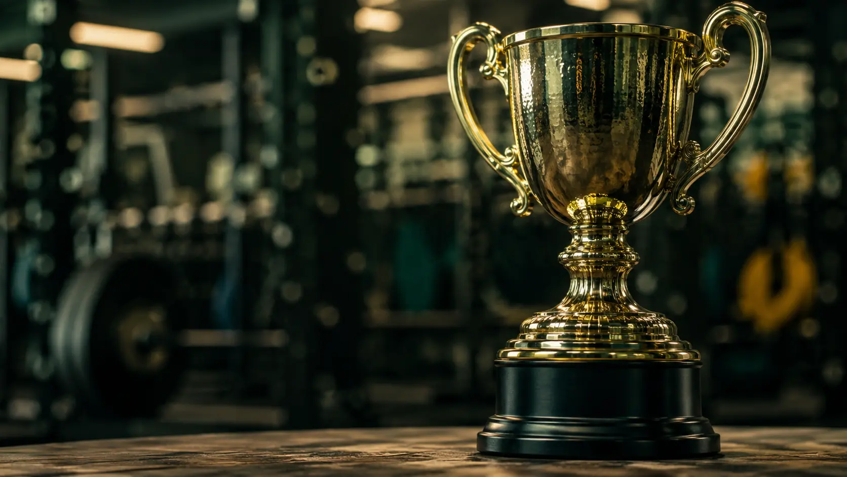 Championship trophy on a table with a blurred gymnasium background
