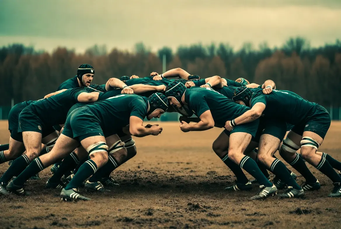 Rugby scrum on a muddy college field