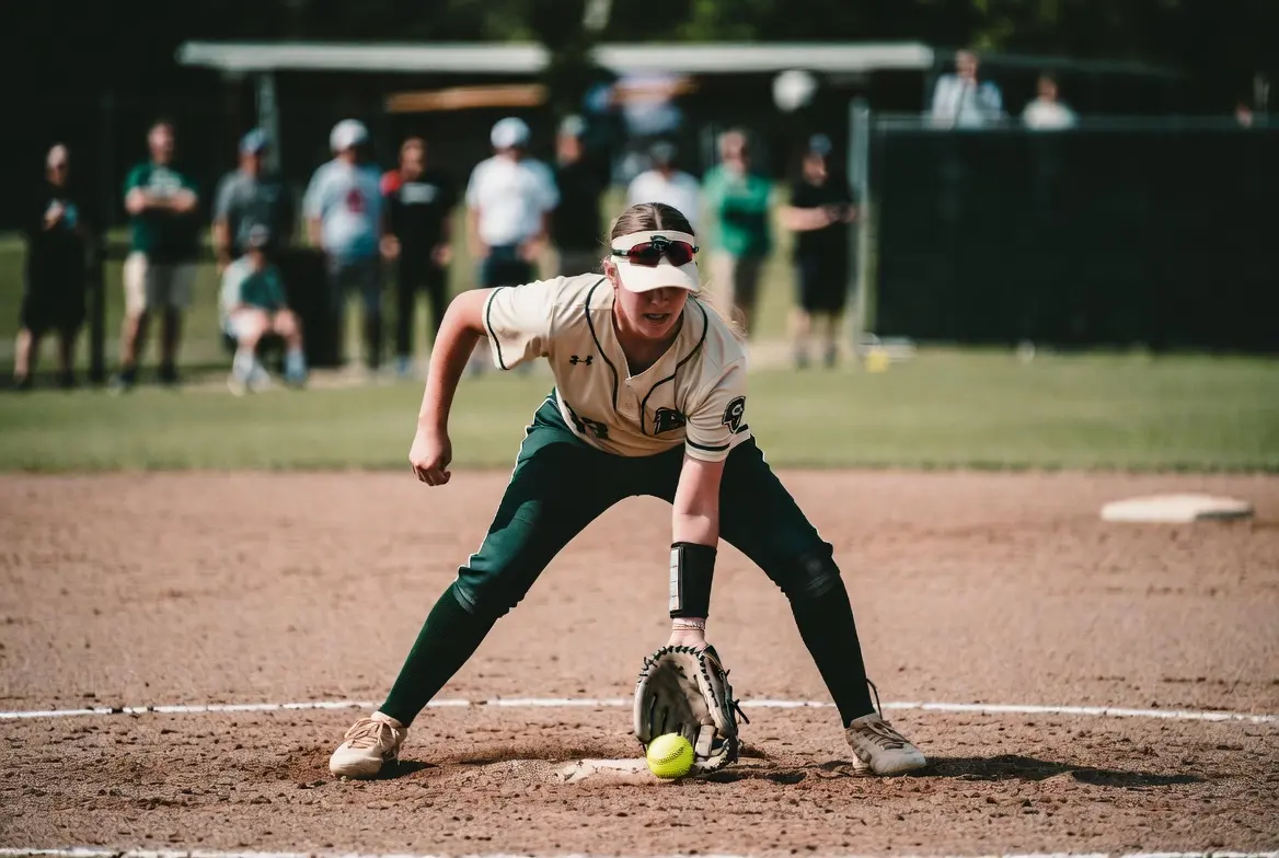Softball infielder fielding a ground ball