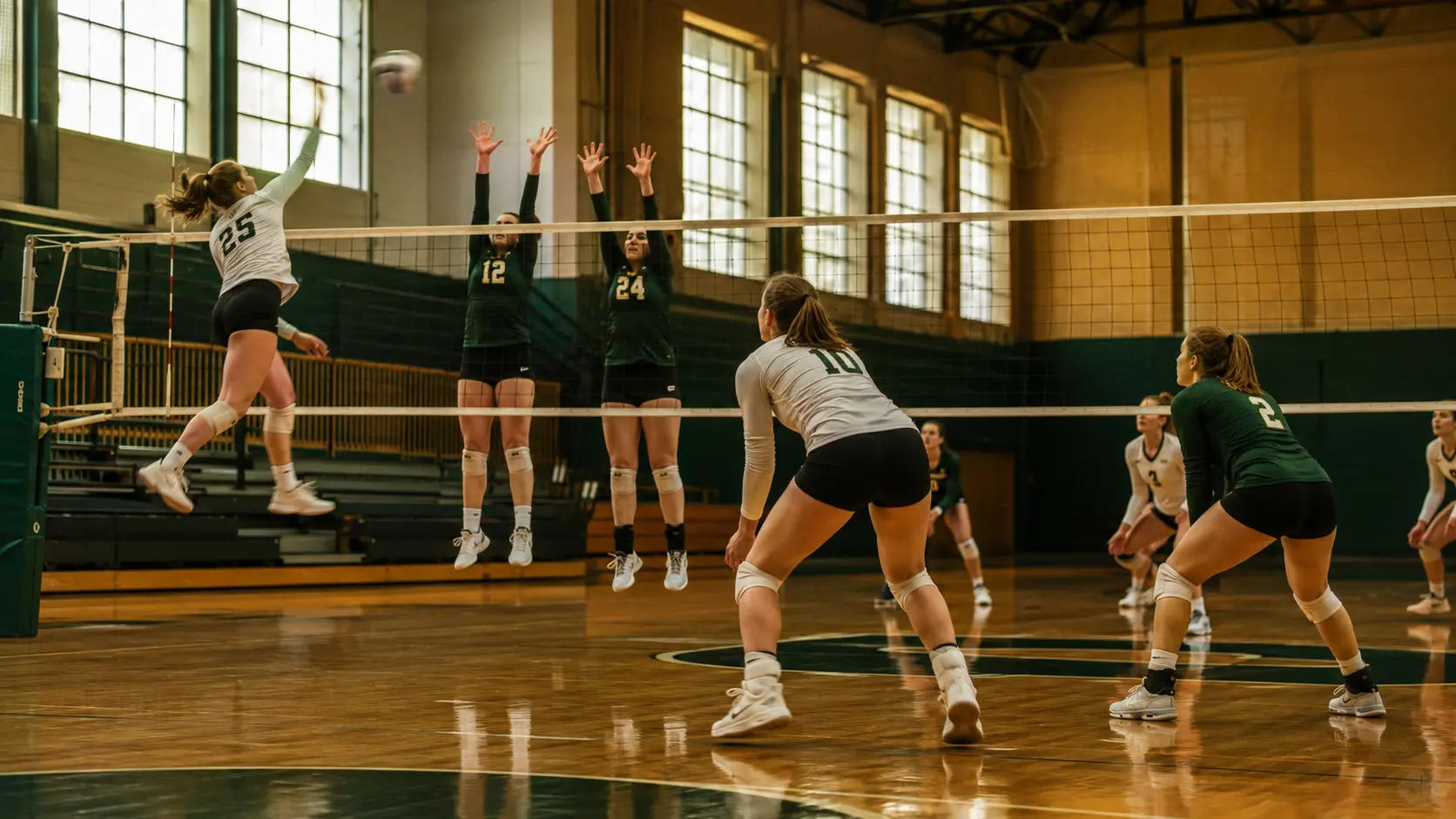 Volleyball players mid-rally in a college gymnasium