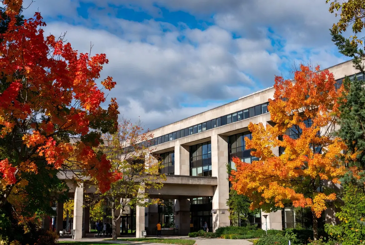 Exterior of a generic Ontario college campus building in autumn