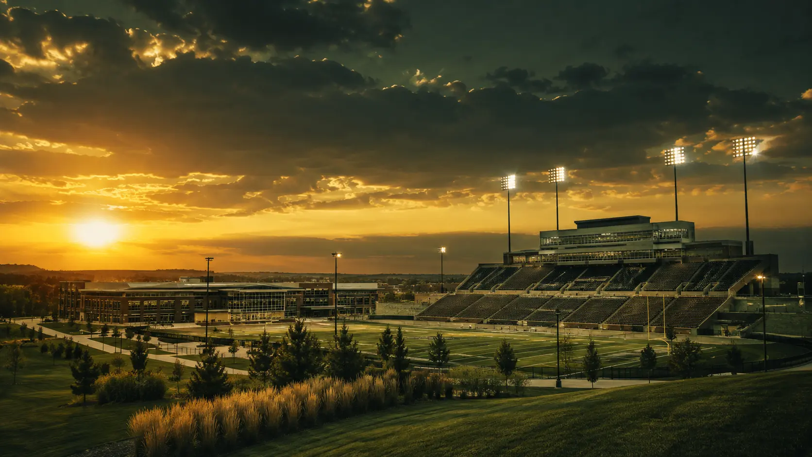 Vue extérieure d'un complexe sportif universitaire au crépuscule